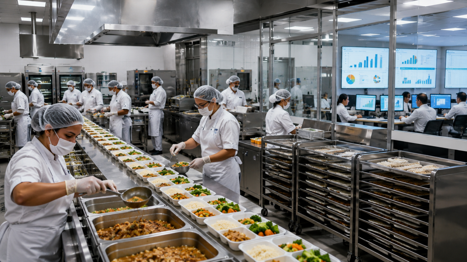 Equipe de cozinha industrial preparando refeições coletivas em linha de produção moderna, com controle operacional e gestão eficiente em ambiente corporativo.