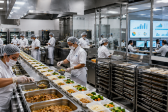 Equipe de cozinha industrial preparando refeições coletivas em linha de produção moderna, com controle operacional e gestão eficiente em ambiente corporativo.