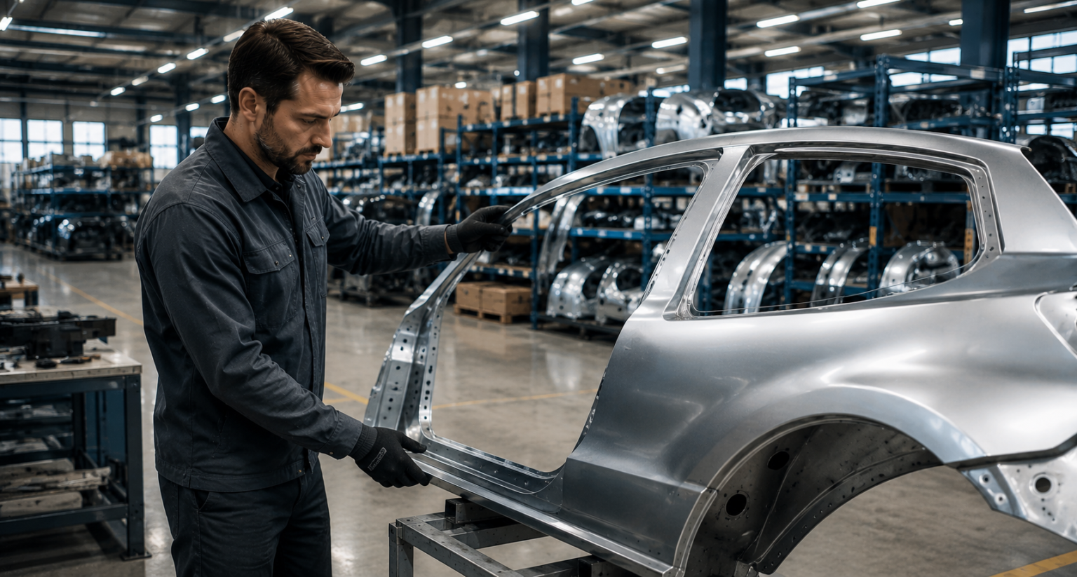 Profissional analisando lateral automotiva em indústria moderna de peças de lataria, destacando inovação, tradição e confiabilidade no mercado automotivo.