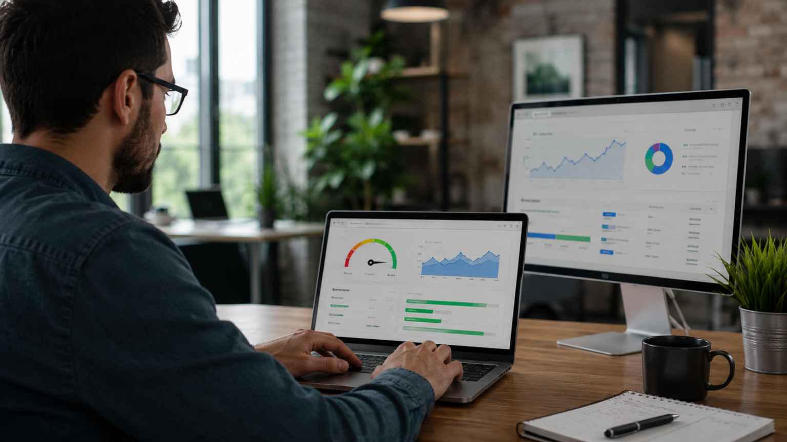 Profissional analisando métricas de velocidade e desempenho SEO em notebook e monitor durante otimização de site em escritório moderno