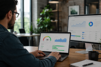 Profissional analisando métricas de velocidade e desempenho SEO em notebook e monitor durante otimização de site em escritório moderno