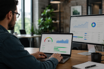 Profissional analisando métricas de velocidade e desempenho SEO em notebook e monitor durante otimização de site em escritório moderno