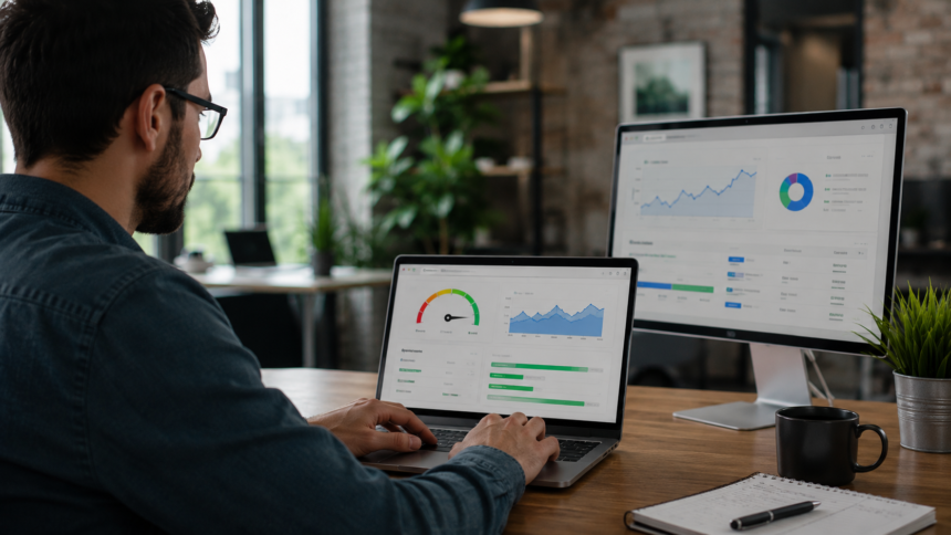 Profissional analisando métricas de velocidade e desempenho SEO em notebook e monitor durante otimização de site em escritório moderno