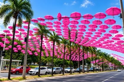 Mais de 1,5 mil guarda - chuvas rosas transformam trecho da Praça Tamandaré em Goiânia.